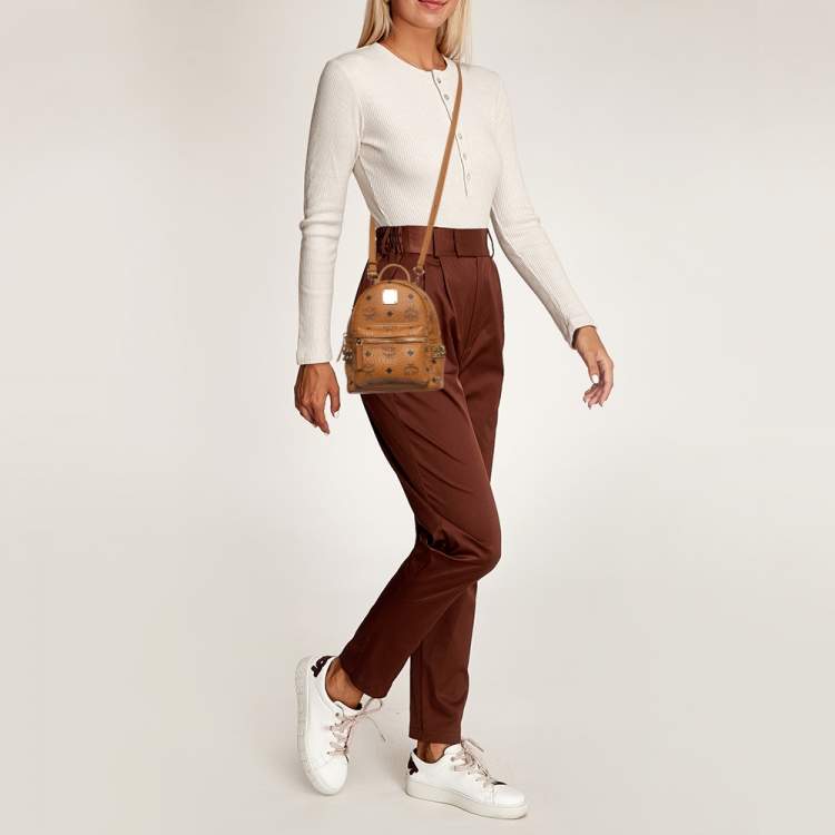 Pre Owned MCM Cognac Visetos Coated Canvas Mini Studded Stark Bebe Boo Backpack