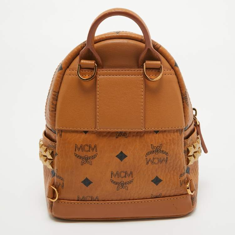 Pre Owned MCM Cognac Visetos Coated Canvas Mini Studded Stark Bebe Boo Backpack