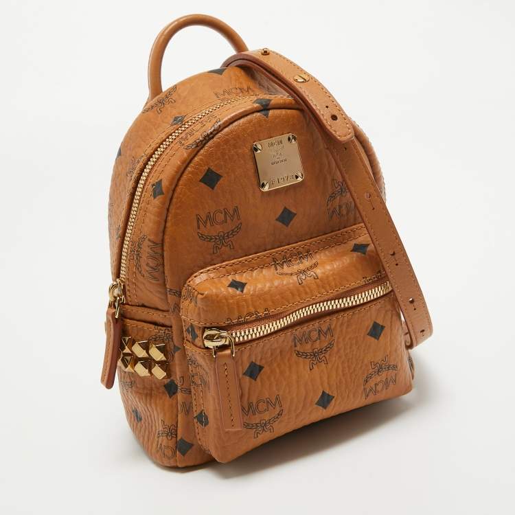 Pre Owned MCM Cognac Visetos Coated Canvas Mini Studded Stark Bebe Boo Backpack