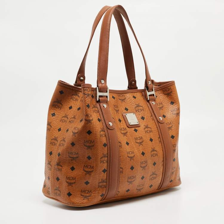Pre Owned MCM Cognac Visetos Coated Canvas and Leather Shopper Tote