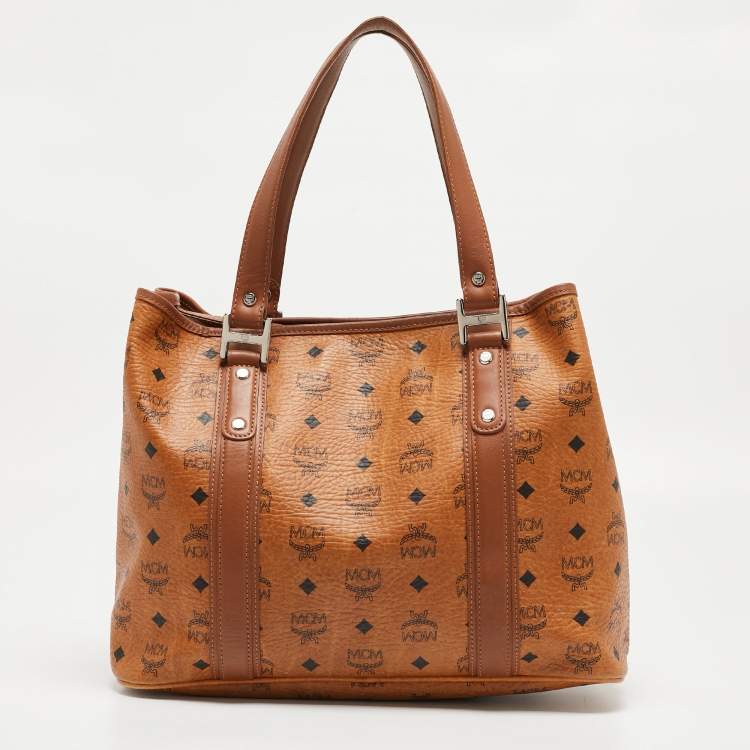 Pre Owned MCM Cognac Visetos Coated Canvas and Leather Shopper Tote
