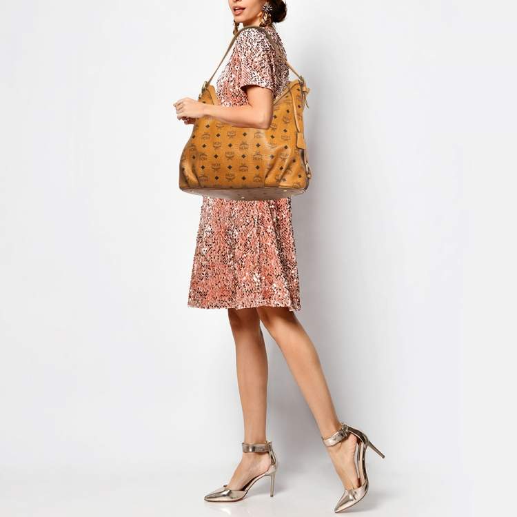 Pre Owned MCM Cognac Visetos Coated Canvas and Leather Large Hobo
