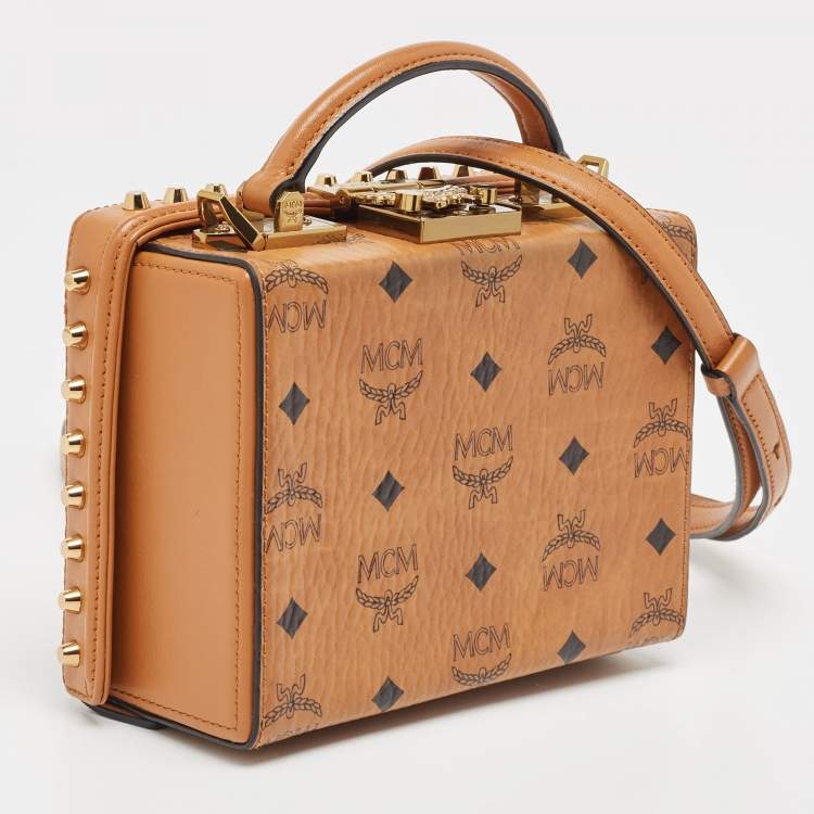 Pre Owned MCM Cognac Visetos Coated Canvas and Leather Berlin Box Bag
