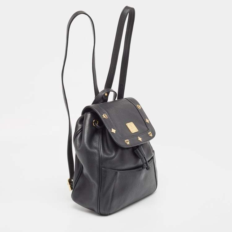 Pre Owned MCM Black Leather Studded Flap Backpack