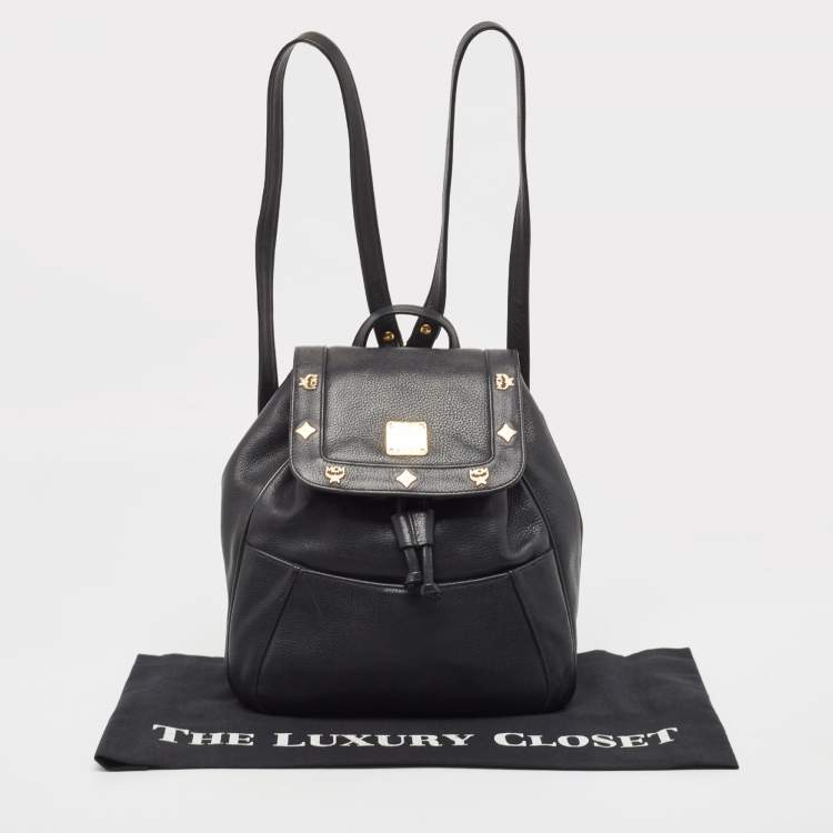 Pre Owned MCM Black Leather Studded Flap Backpack