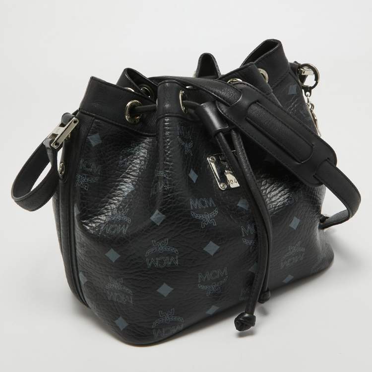 Pre Owned MCM Black Visetos Coated Canvas and Leather Drawstring Bucket Bag