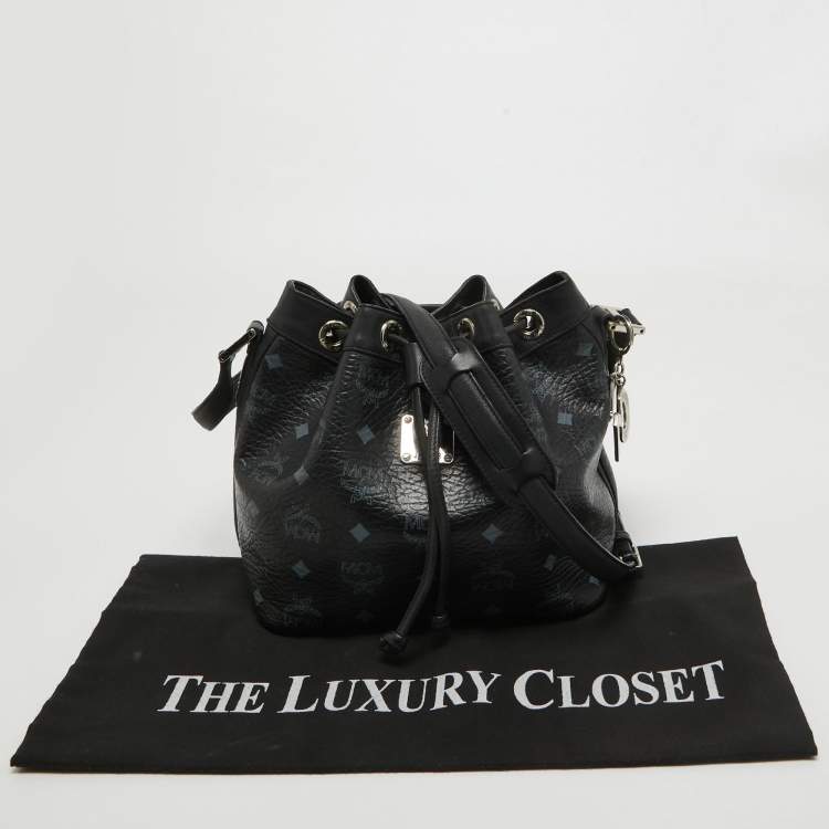Pre Owned MCM Black Visetos Coated Canvas and Leather Drawstring Bucket Bag