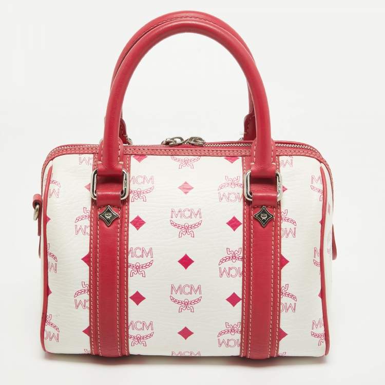 Pre Owned MCM Pink/White Visetos Coated Canvas and Leather Charm Boston Bag