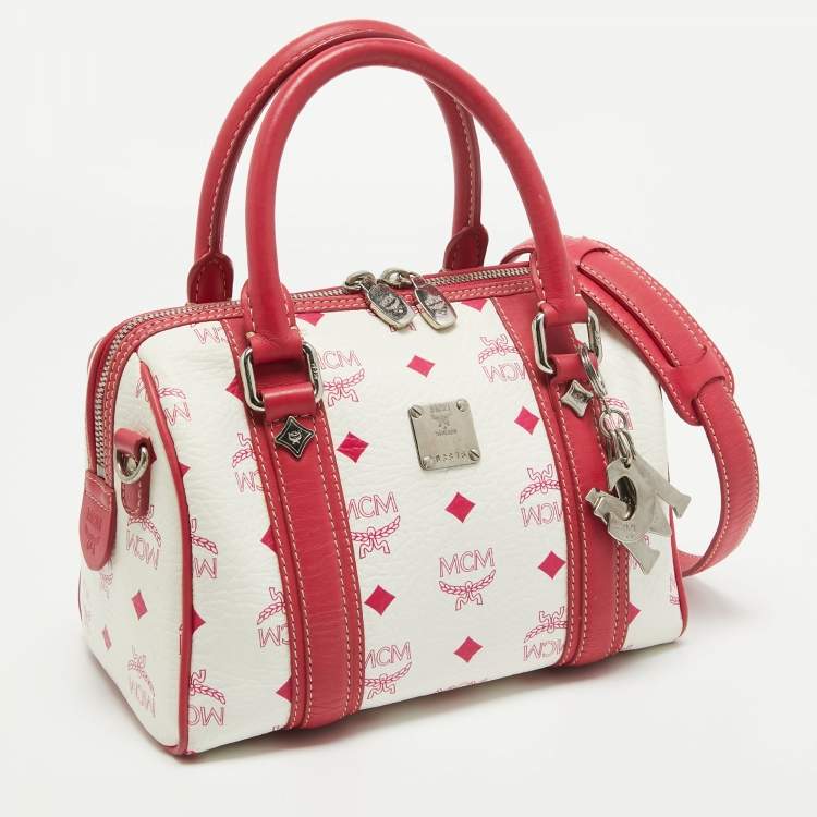 Pre Owned MCM Pink/White Visetos Coated Canvas and Leather Charm Boston Bag