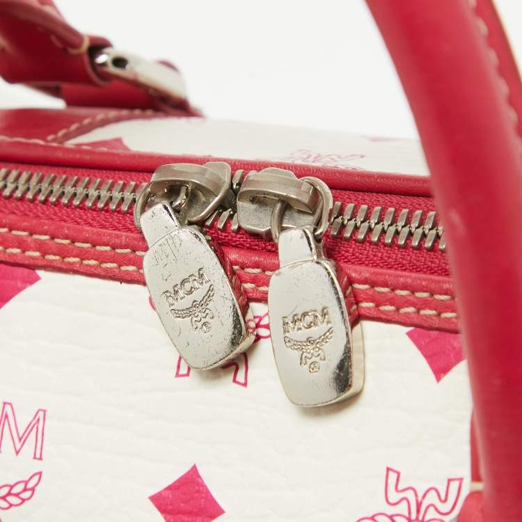 Pre Owned MCM Pink/White Visetos Coated Canvas and Leather Charm Boston Bag