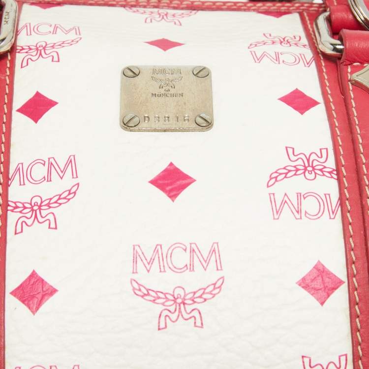 Pre Owned MCM Pink/White Visetos Coated Canvas and Leather Charm Boston Bag