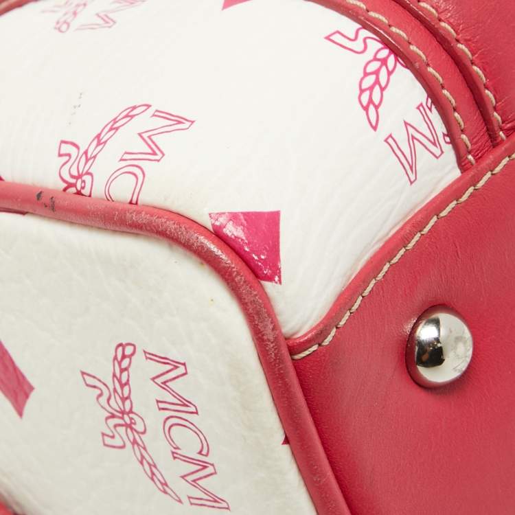 Pre Owned MCM Pink/White Visetos Coated Canvas and Leather Charm Boston Bag