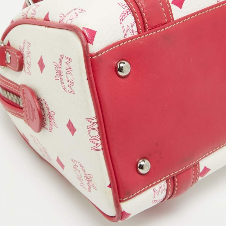 Pre Owned MCM Pink/White Visetos Coated Canvas and Leather Charm Boston Bag
