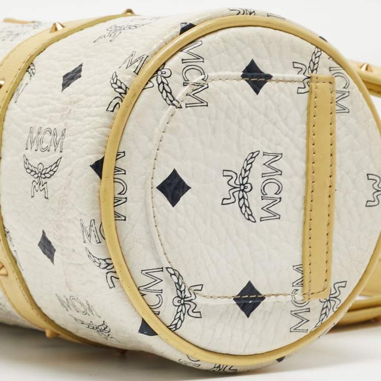 Pre Owned MCM Yellow/White Visetos Coated Canvas and Leather Rolle Boston Bag
