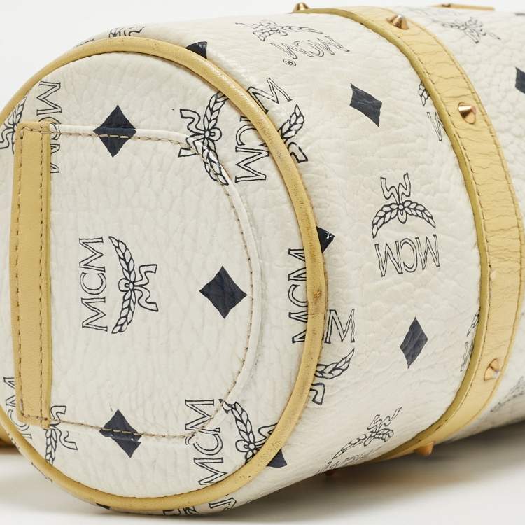 Pre Owned MCM Yellow/White Visetos Coated Canvas and Leather Rolle Boston Bag