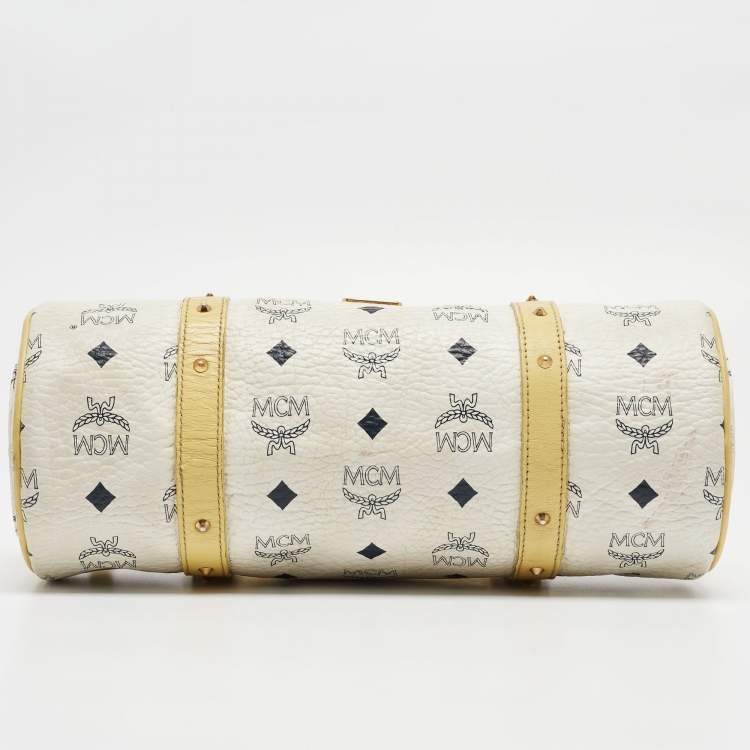 Pre Owned MCM Yellow/White Visetos Coated Canvas and Leather Rolle Boston Bag