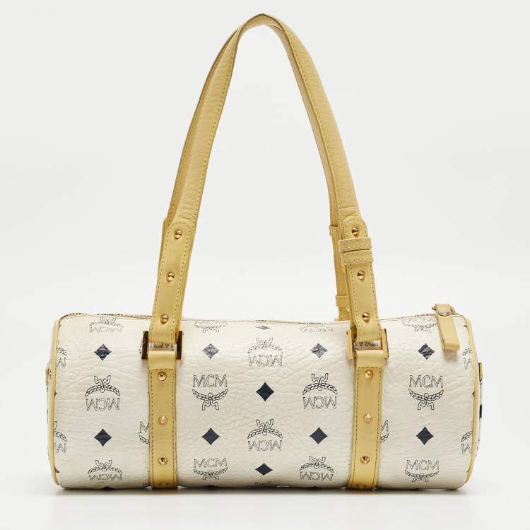Pre Owned MCM Yellow/White Visetos Coated Canvas and Leather Rolle Boston Bag