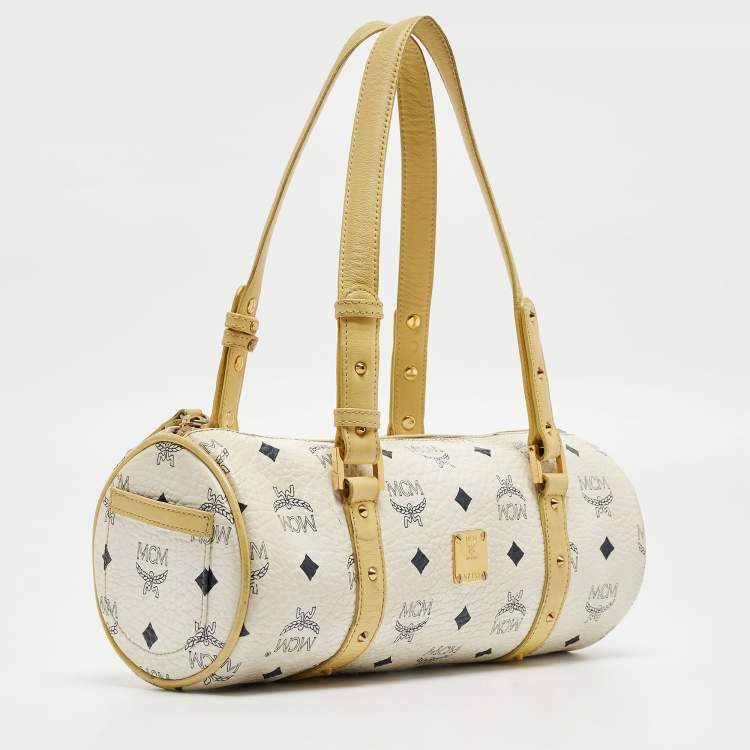 Pre Owned MCM Yellow/White Visetos Coated Canvas and Leather Rolle Boston Bag