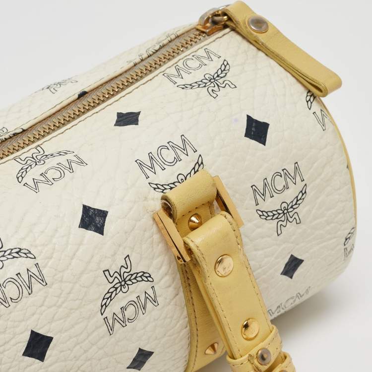 Pre Owned MCM Yellow/White Visetos Coated Canvas and Leather Rolle Boston Bag