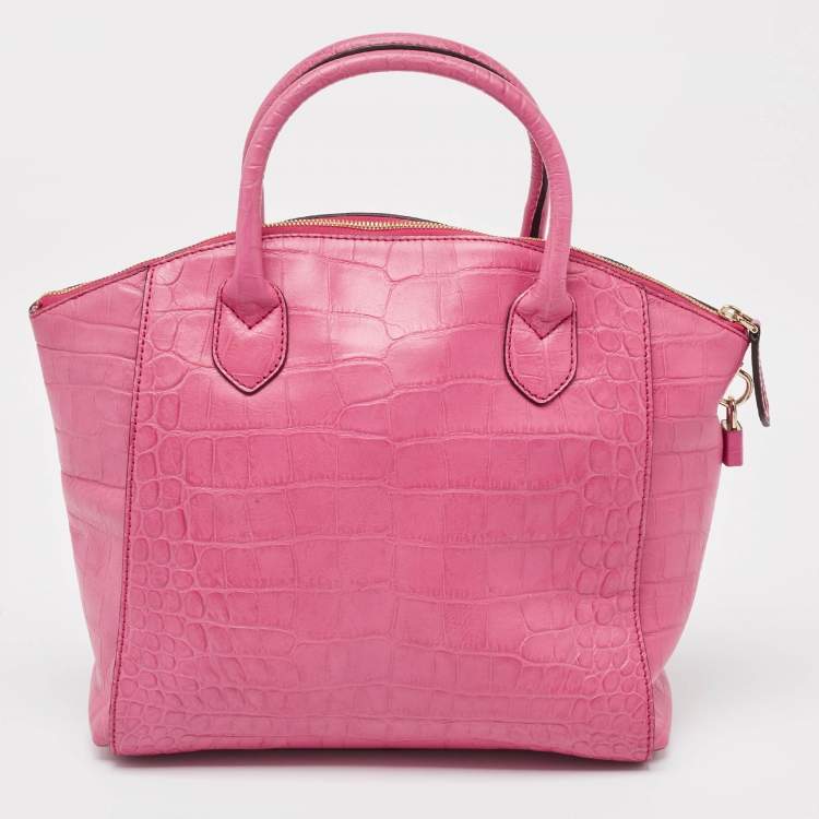 Pre Owned MCM Pink Croc Embossed Leather Zip Satchel