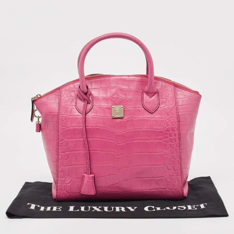 Pre Owned MCM Pink Croc Embossed Leather Zip Satchel