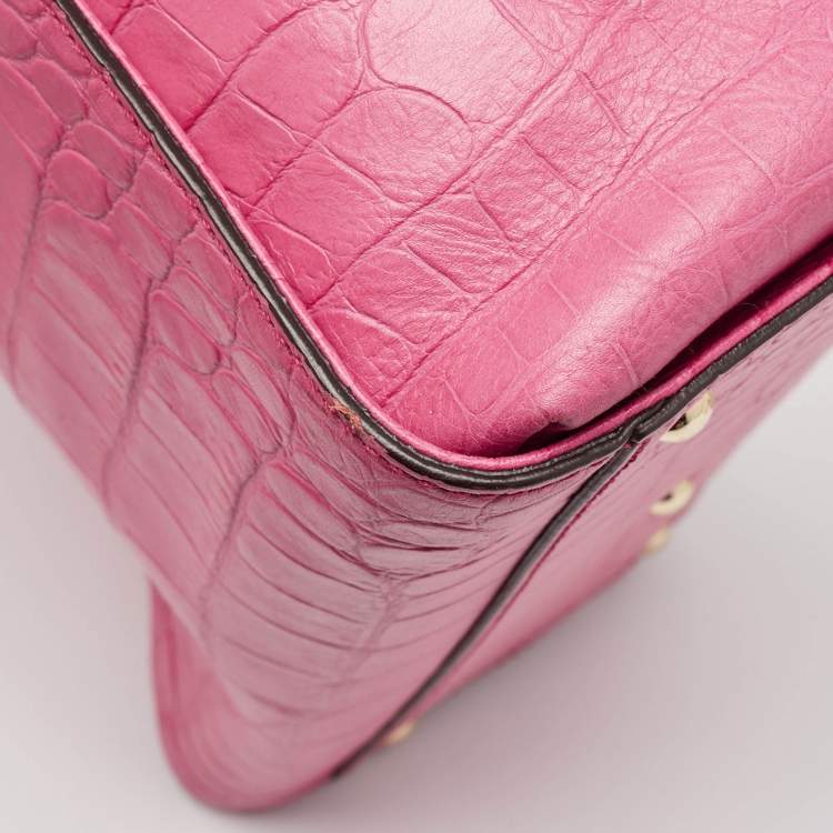 Pre Owned MCM Pink Croc Embossed Leather Zip Satchel