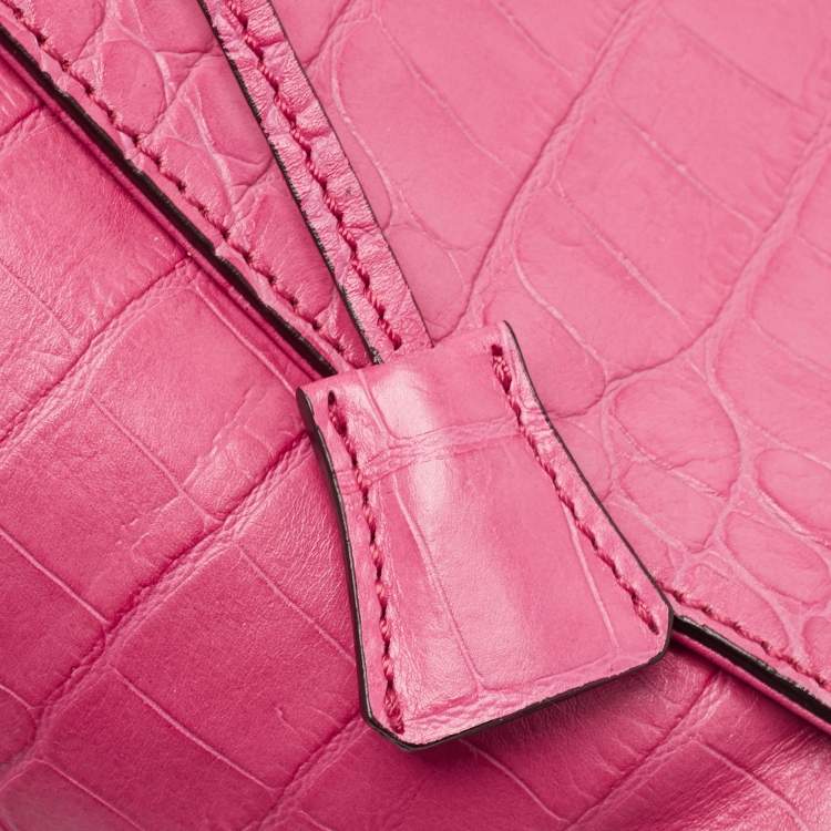 Pre Owned MCM Pink Croc Embossed Leather Zip Satchel
