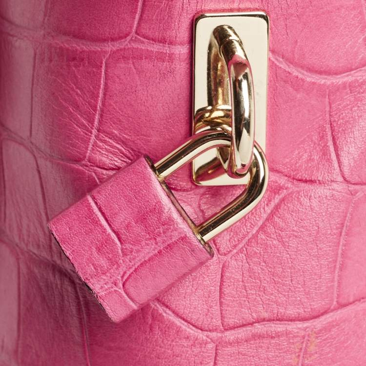 Pre Owned MCM Pink Croc Embossed Leather Zip Satchel