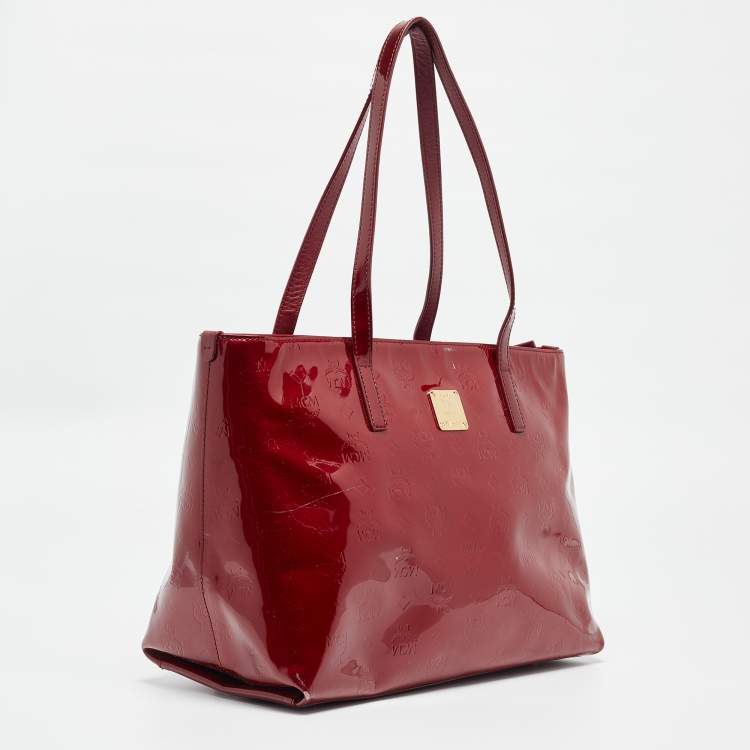 Pre Owned MCM Dark Red Visetos Patent Leather Tote