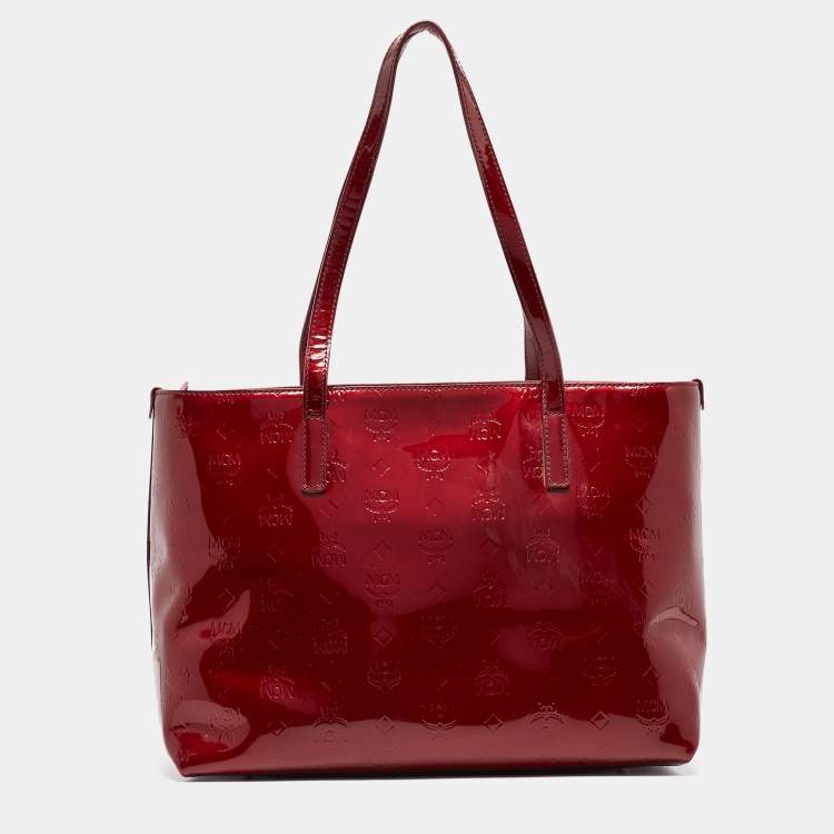 Pre Owned MCM Dark Red Visetos Patent Leather Tote