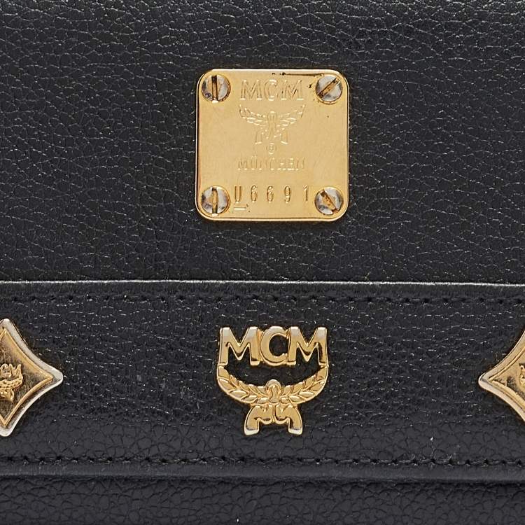 Pre Owned MCM Black Leather Studded Trifold Compact Wallet
