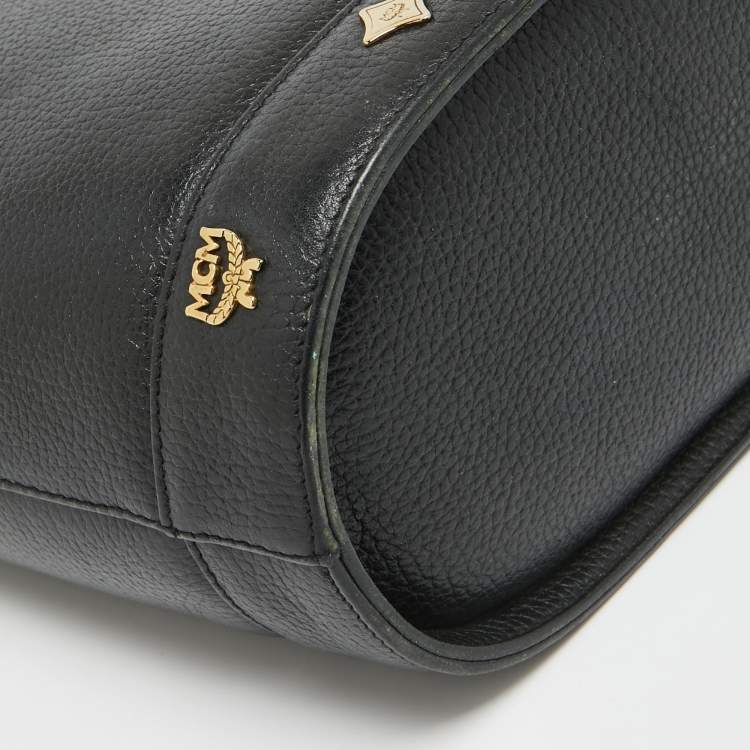 Pre Owned MCM Black Leather Flap Studded Bucket Tote
