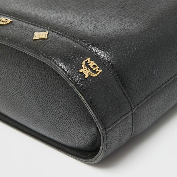 Pre Owned MCM Black Leather Flap Studded Bucket Tote