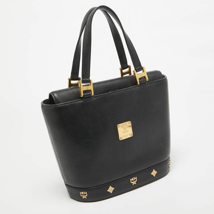 Pre Owned MCM Black Leather Flap Studded Bucket Tote
