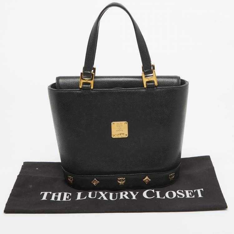 Pre Owned MCM Black Leather Flap Studded Bucket Tote