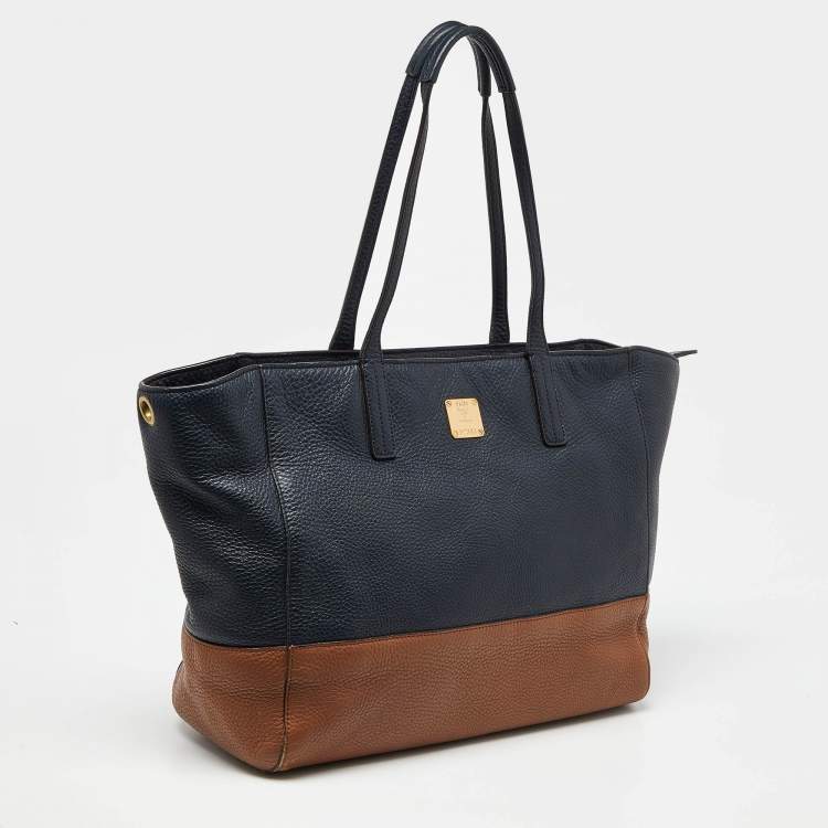 Pre Owned MCM Blue/Brown Leather Zip Shopper Tote