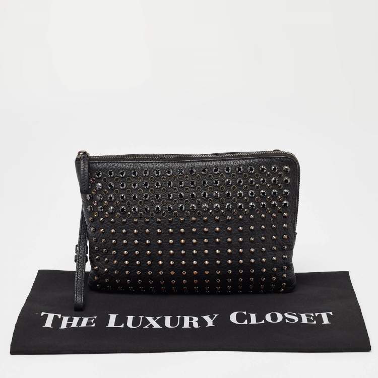 Pre Owned MCM Black Leather Embellished Zip Wristlet Pouch