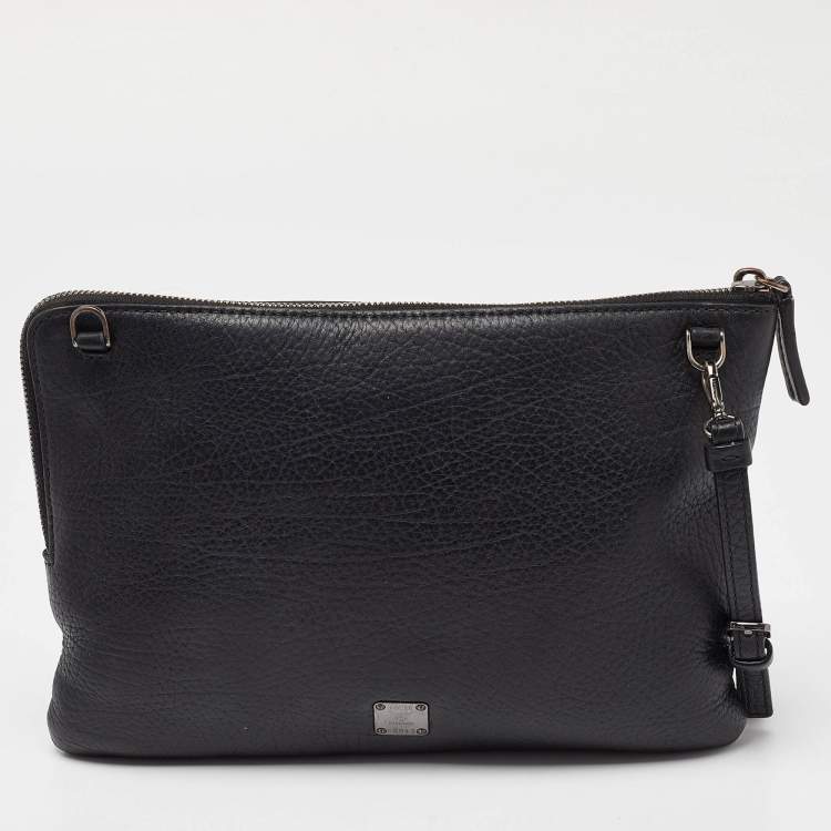Pre Owned MCM Black Leather Embellished Zip Wristlet Pouch