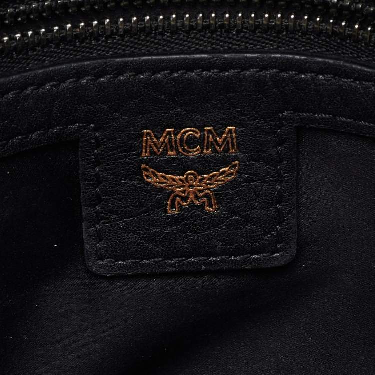 Pre Owned MCM Black Leather Embellished Zip Wristlet Pouch