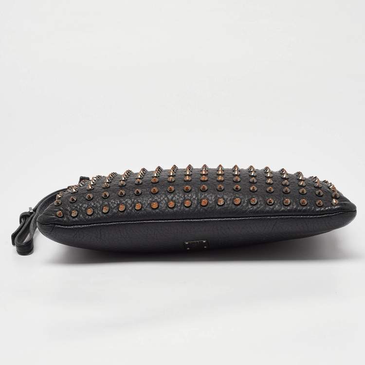 Pre Owned MCM Black Leather Embellished Zip Wristlet Pouch