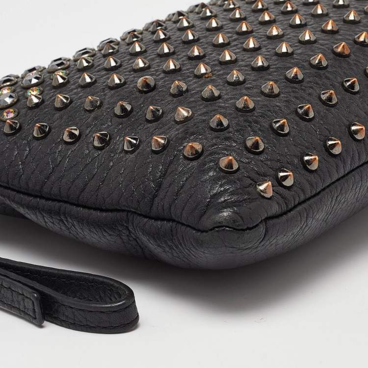 Pre Owned MCM Black Leather Embellished Zip Wristlet Pouch
