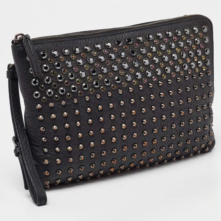 Pre Owned MCM Black Leather Embellished Zip Wristlet Pouch
