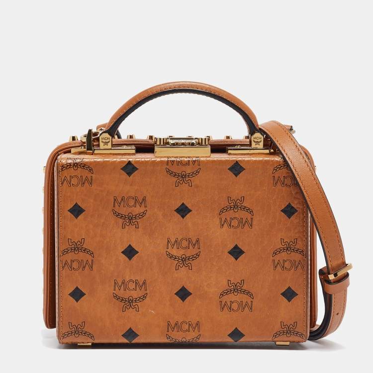 Pre Owned MCM Cognac Visetos Coated Canvas and Leather Berlin Box Bag