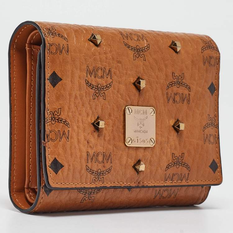 Pre Owned MCM Cognac Visetos Coated Canvas Studded Trifold Wallet
