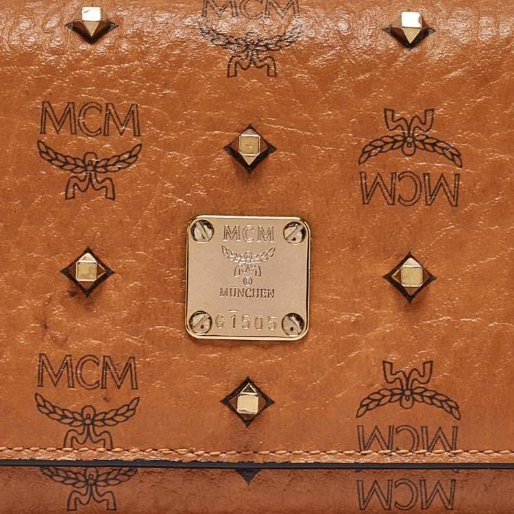 Pre Owned MCM Cognac Visetos Coated Canvas Studded Trifold Wallet