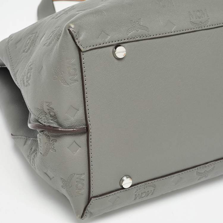 Pre Owned MCM Grey/Brown Monogram Embossed Leather Essential Tote