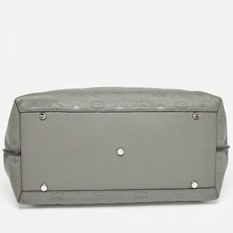 Pre Owned MCM Grey/Brown Monogram Embossed Leather Essential Tote