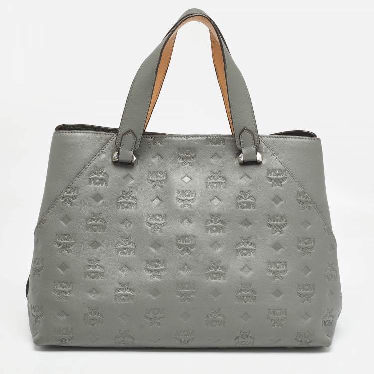 Pre Owned MCM Grey/Brown Monogram Embossed Leather Essential Tote