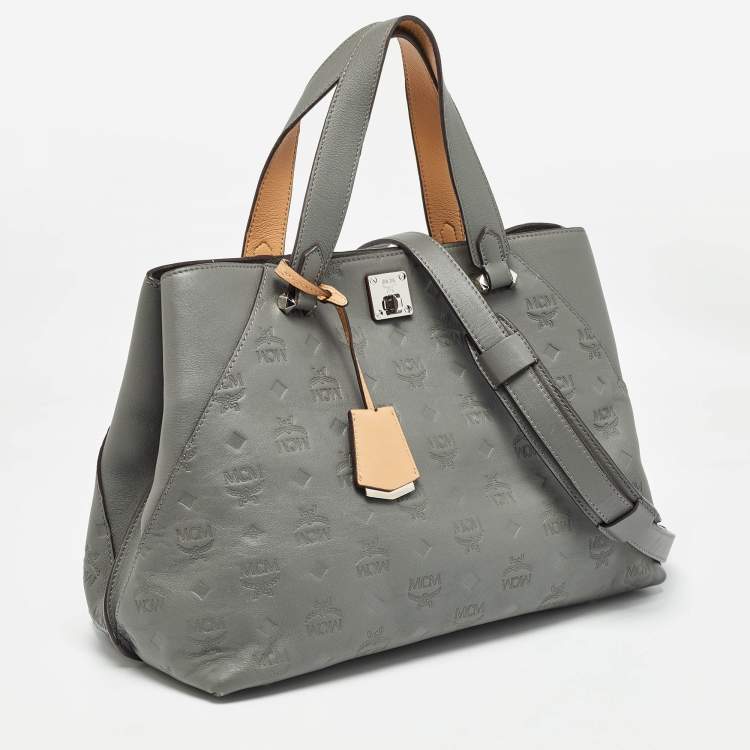 Pre Owned MCM Grey/Brown Monogram Embossed Leather Essential Tote