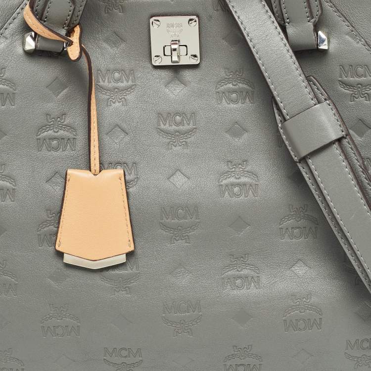 Pre Owned MCM Grey/Brown Monogram Embossed Leather Essential Tote